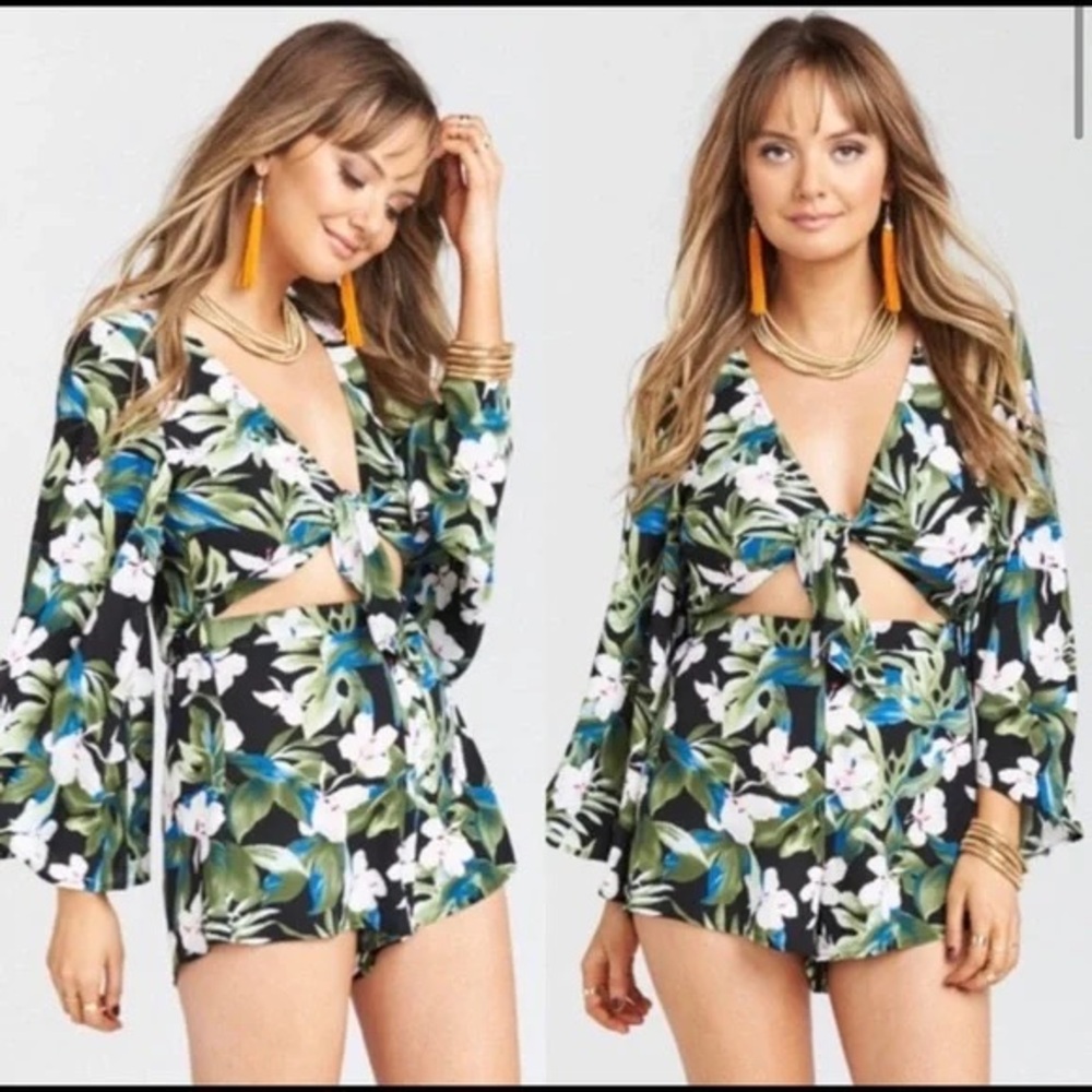 Show Me Your Mumu Charleston Black Tropical Tie Front Long Sleeve Romper